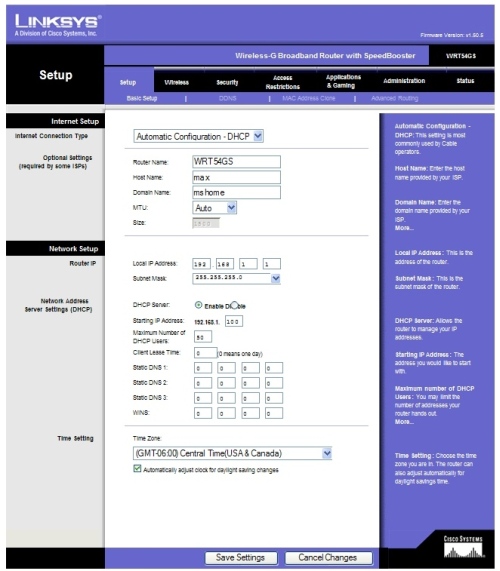 Linksys 'Setup' - 'Basic Setup' Page