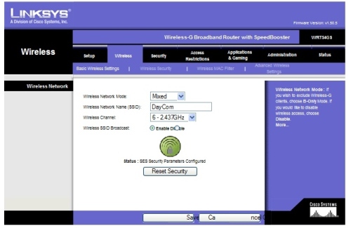 Linksys 'Wireless' - 'Basic Wireless Settings' Page