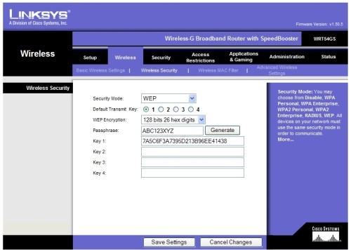 Linksys 'Wireless' - 'Wireless Security' Page